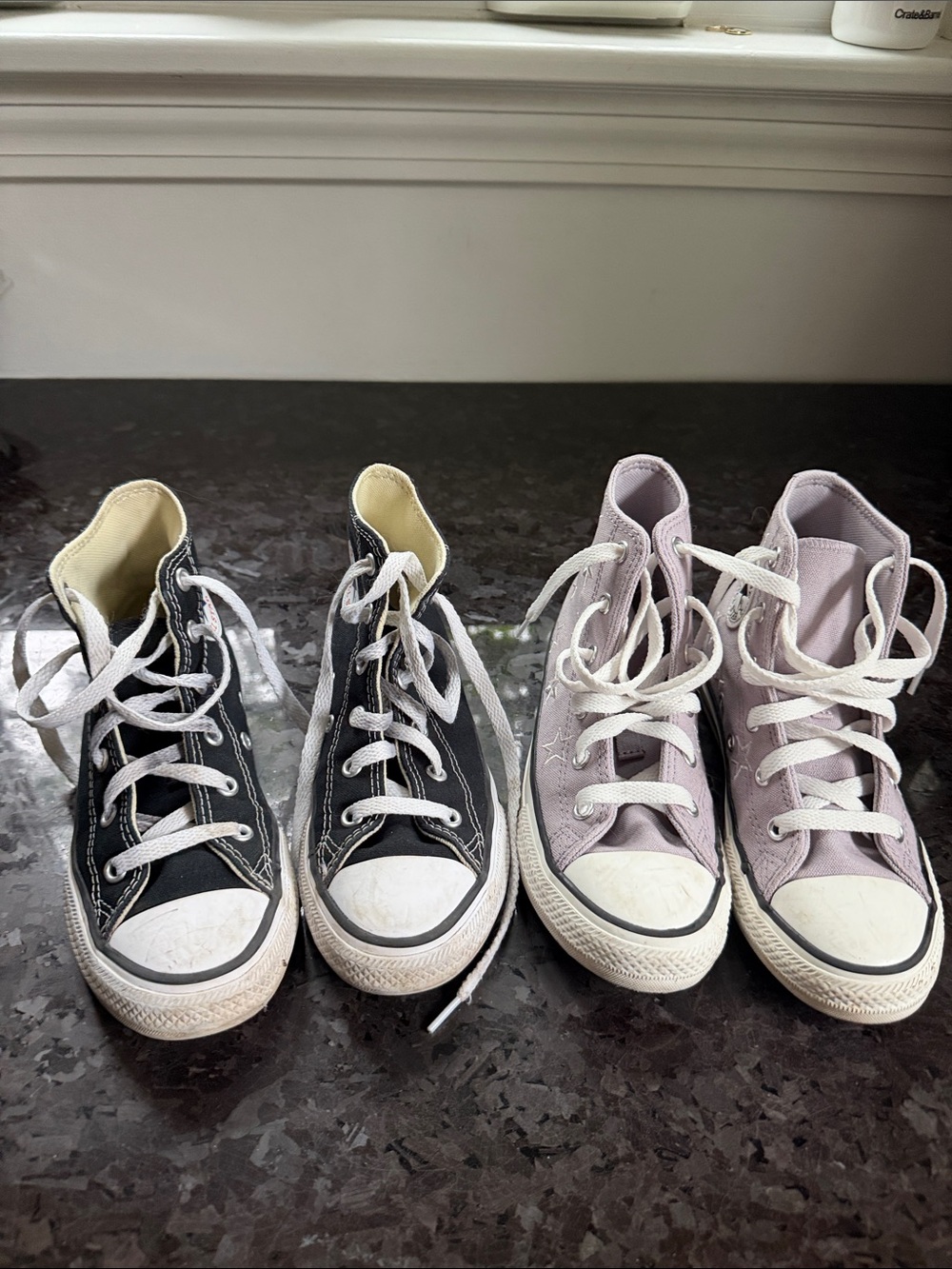 2 pairs Converse Kids High Top Sneakers in Black & Light Purple size 1